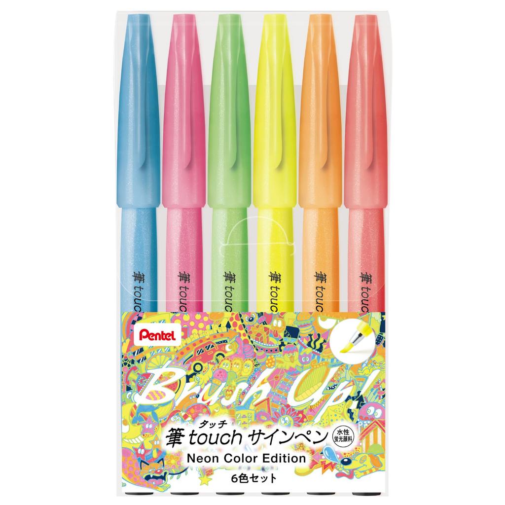 Pentel Brush Touch Sign Pen, 6-Color Set, SES15C-LM6STE