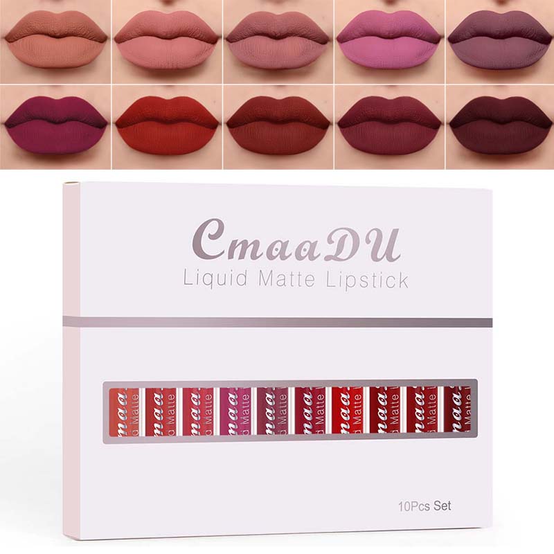 10 stuks/set Vloeibare Matte Lippenstift Set met 10 Kleuren Matte Lipgloss Waterdichte Hoge Pigment Lippenstift Lippen Make-up Cosmetica Set beige