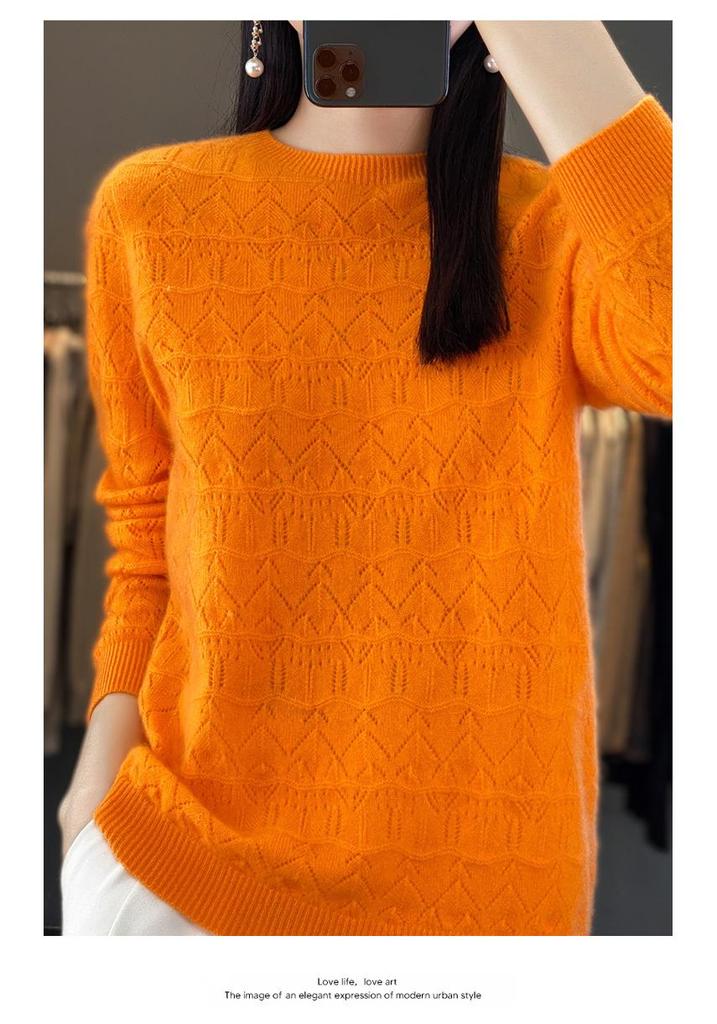 Women's Hollowed-Out Wool Round Neck Sweater - New Style, Loose Fit, Versatile Pullover for Spring and Autumn