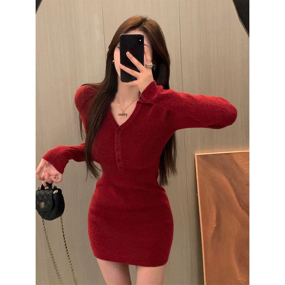 

Women s High-End Red Knitted Dress: French Spicy Girl Hip-Hugging Skirt 2025 - Perfect for Spring, Autumn, and Winter One Size