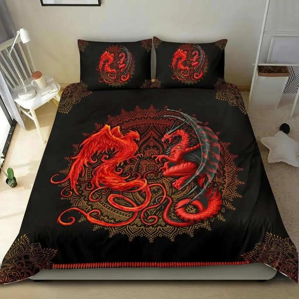 Dragon and Phoenix Duvet Cover Set Full Queen Size, Fantasy World Monster Gothic Bedding Sets Bohemian Mandala Comforter Cover