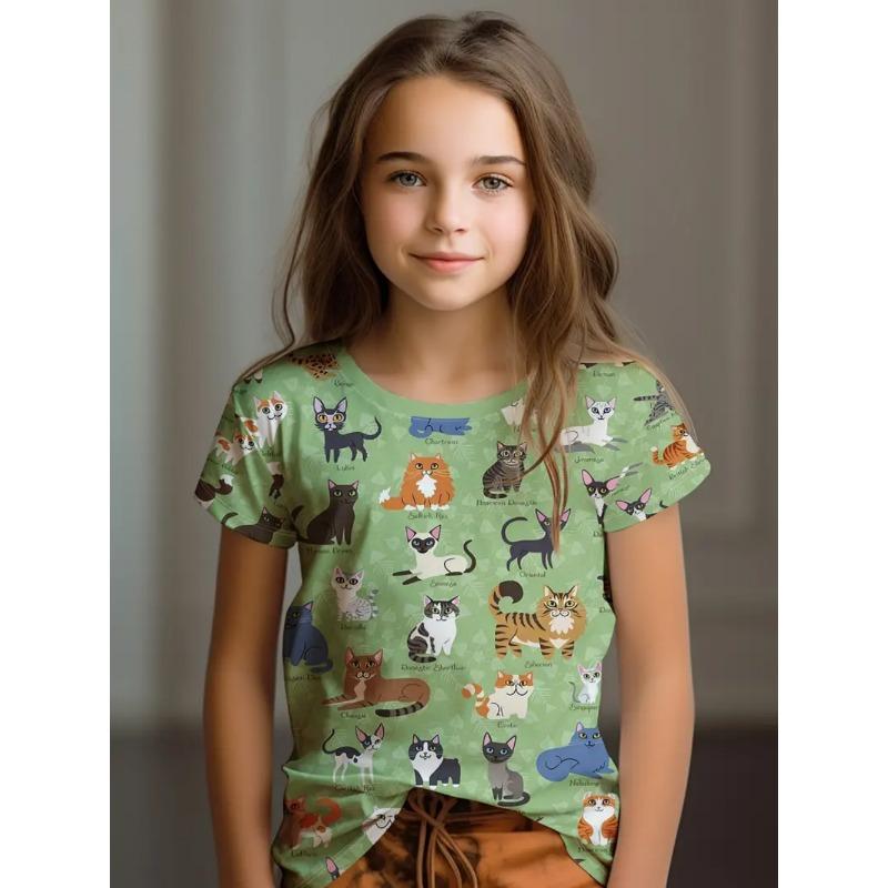 Buntes Katzenmädchen T-Shirt Niedliche Muster Sommer Kurzarm 3D Druck Mädchen Oberteil Mode Lässig Streetwear Kinderkleidung