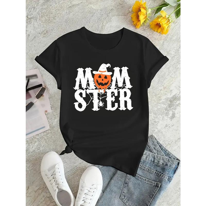 

European sizes Halloween Pumpkin Momster Print T-Shirt for Women Medium Stretch - Fashionable Comfort Fit for All Seasons 4XL чорний