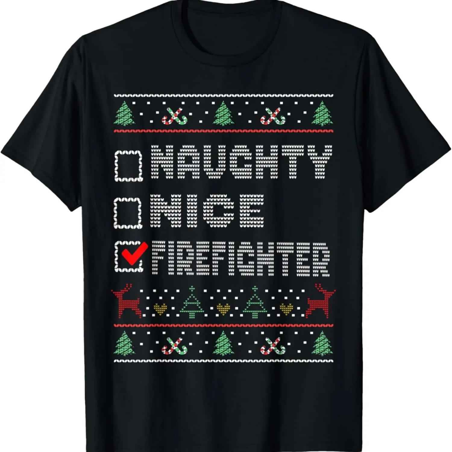 Naughty Nice Firefighter, Matching Christmas Group Pajama T-Shirt S чёрный
