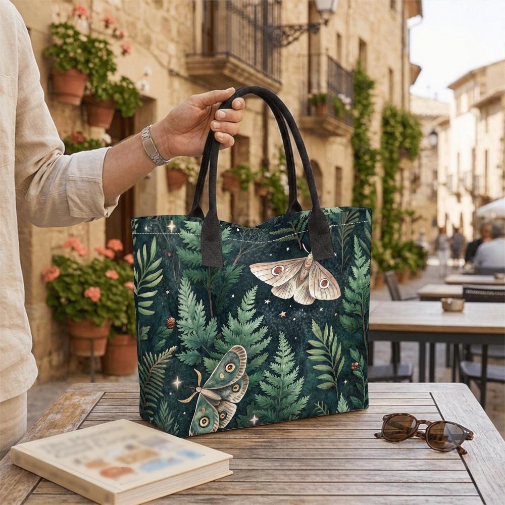 Cute Moth Fern Print Canvas Tote Bag Stylish Casual Daily Handbag for Women Portable Reusable Shopping Shoulder Bag