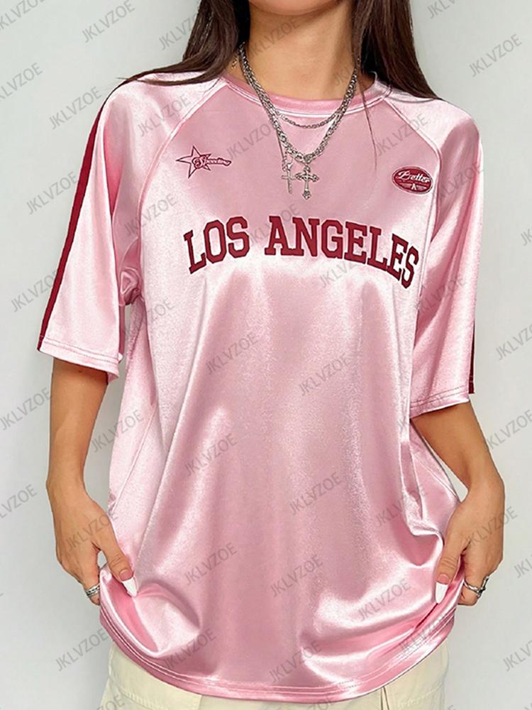 Summer Printed T-Shirt Women's Pink Patchwork Short-Sleeve Sports Soccer Jersey Loose Oversized Top