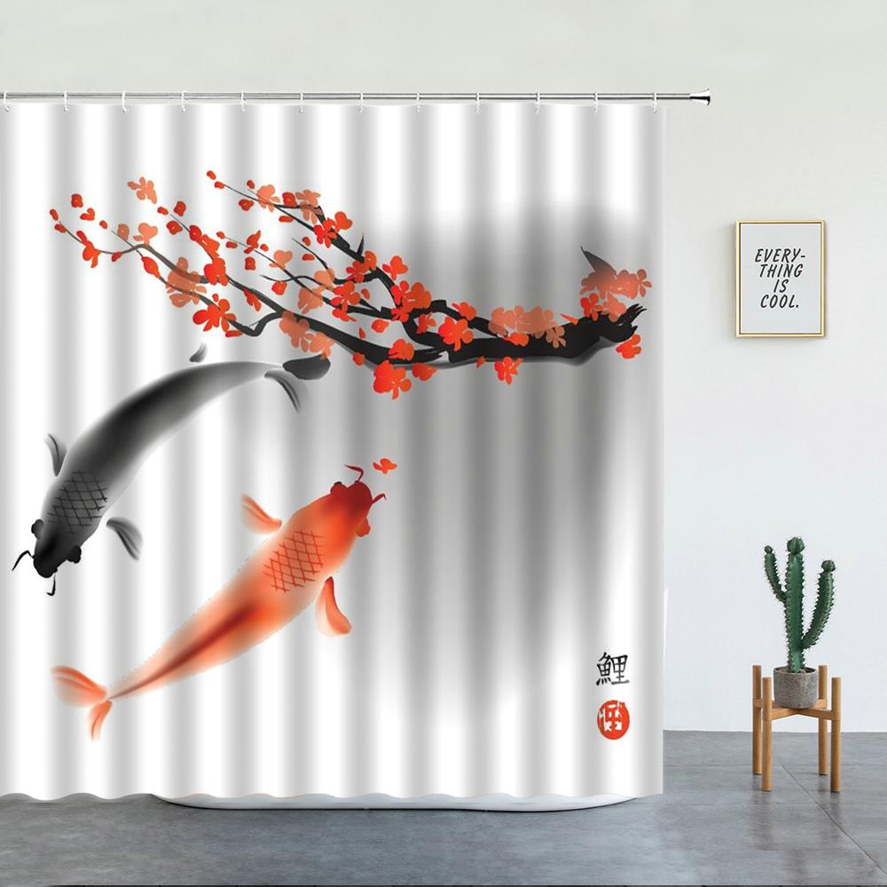 Japanese Scenery Shower Curtains Koi Carp Fish And Cherry Blossom for Bathroom Decor Set Washable Fabric Bath Screen With Hooks
