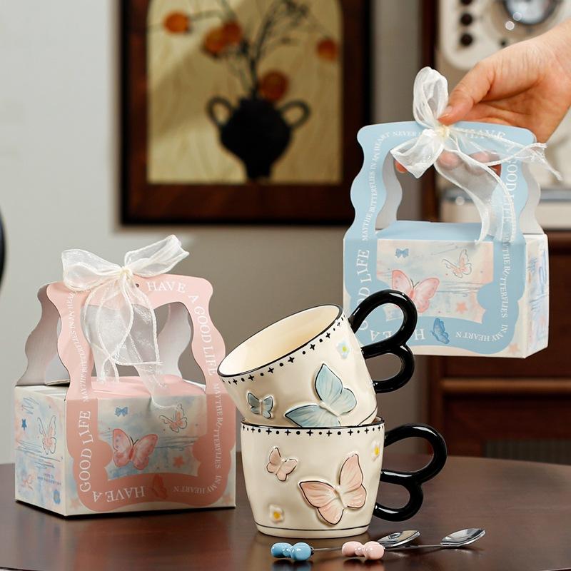 Cute Butterfly Ceramic Cup with Spoon Girl Birthday Gift Gift Gift Box Mug Couple Water Cup Office Coffee Cup