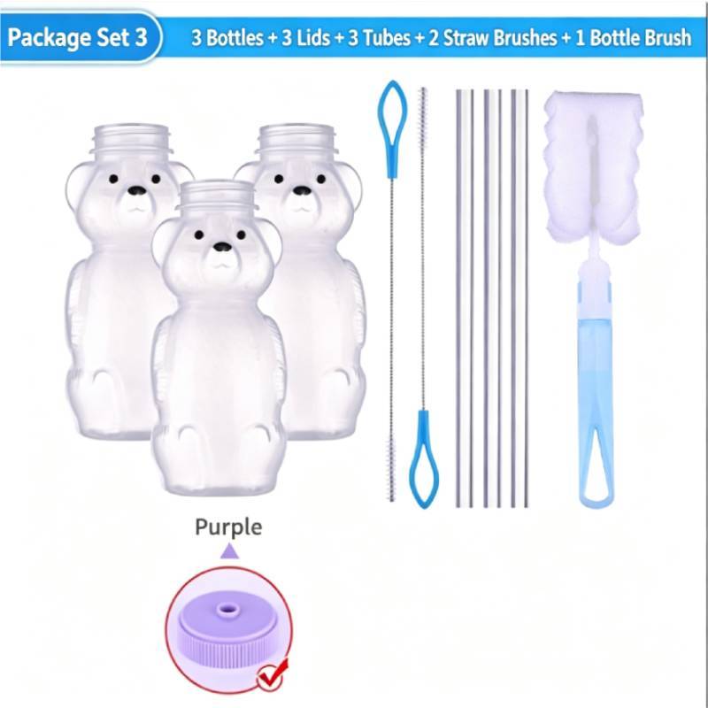 Small Bear Drink Cup Set With Silicone Straws And Brushes For Kids And Teens