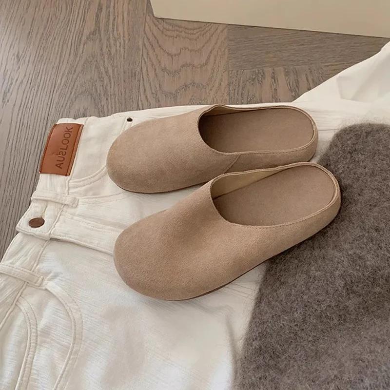 New Women's Slippers Closed Toe Round Toe Suede Clogs Sandals Autumn New Retro Solid Color Flat Bottom Women's Slingback Shoes