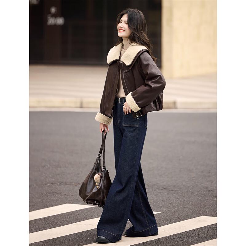 Women's Faux Lamb Wool Lined PU Leather Lapel Winter Coat