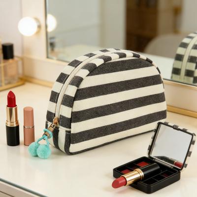 Striped Shell Cosmetic Bag Canvas Travel Makeup Organizer Portable Cute Makeup Pouch with Pompoms for Women Girls Toiletries