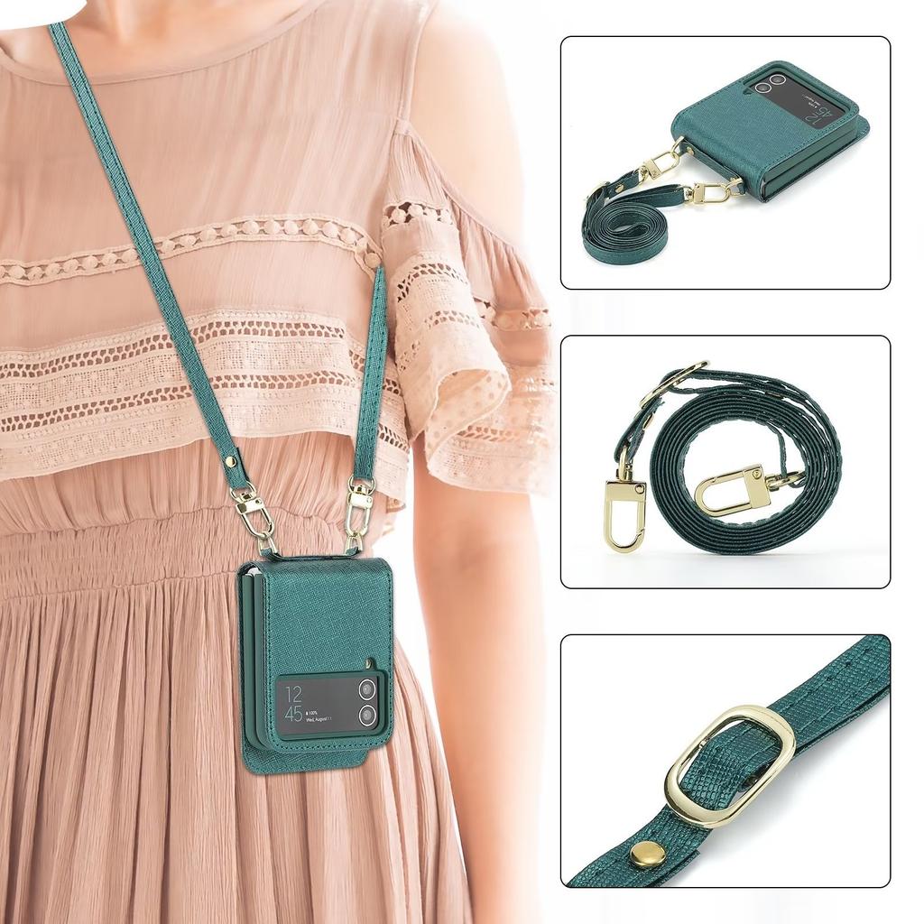 Suitable for Samsung Z Flip4 mobile phone leather case, folding mobile phone fashion card oblique span bag, strap mobile phone case