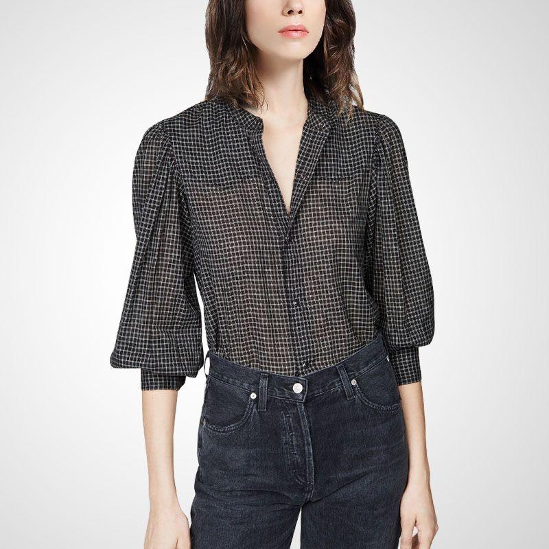 

New Arrival Plaid Elegant Slimming Retro Hong Kong Style Blouse White Lattice on black background 2XL