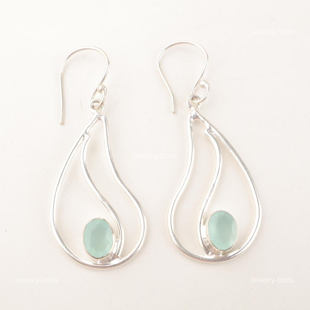 Natural Aqua Chalcedony Sterling Silver Drop Dangle Throat Chakra Boho Earrings EE-139-11