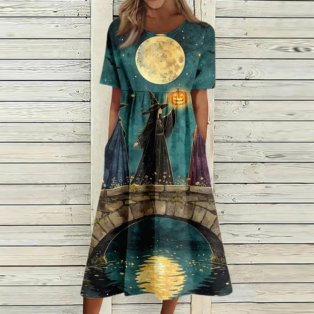 Women's Casual Halloween Print Round Neck Dress with Pockets for Festive Occasions