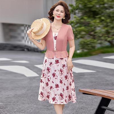 Summer Style Print Two-Piece Dress for Middle-Aged Women – Short-Sleeve, Mid-Length, Age-Defying, and Chic