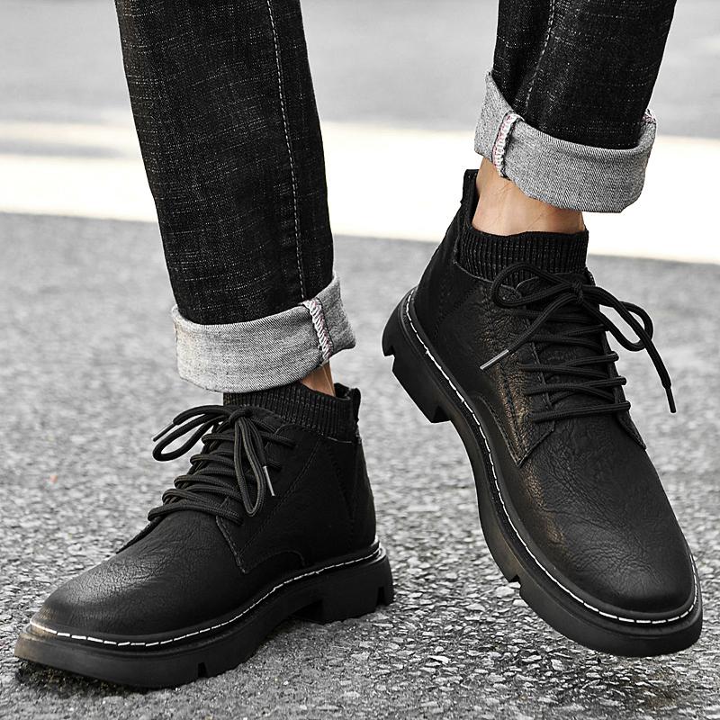 Fashion Outdoor Leather Men Shoes Ankle Boots Autumn Winter Elevator Shoes Non-slip Casual Hiking Travel Shoes Daily Optional Warm Plush