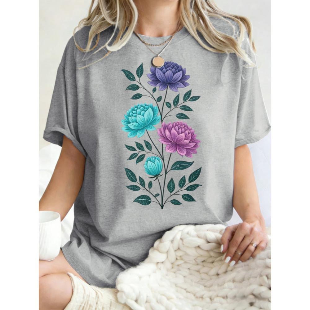 Aesthetic Flowers Branches Design Women T Shirt Oversized Casual Crewneck Top Cotton T-Shirt Breathable Y2K Clothing