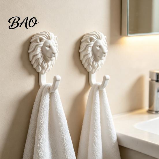 Adhesive Lion Hook for Wall 2Pcs Lion-Head Hooks, 3D Printed Animal Shaped Hanger, Self?Adhesive No Damage Key Holder Coat Towel Hook, Home Entryway