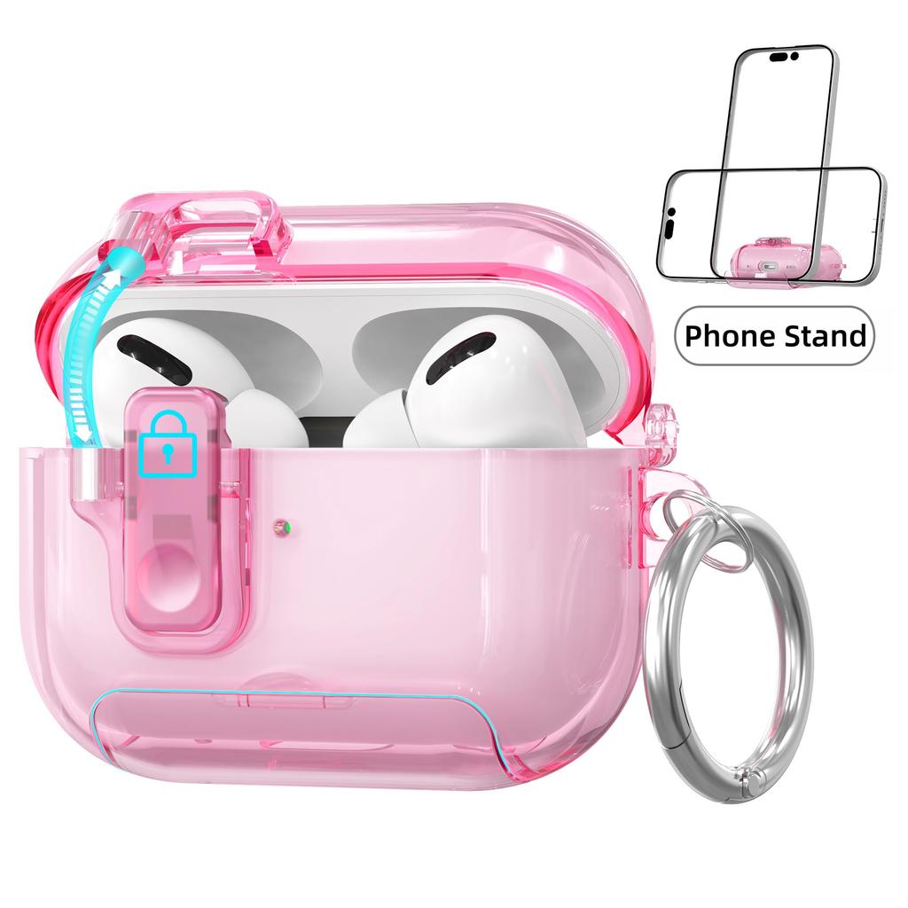 Transparente Hülle für AirPods Pro 3 Hülle mit Handyhalterung und Sicherheitsverschluss Automatisches Aufklappdeckeldesign mit Reinigungsstiftabdeckung für AirPods Pro 3