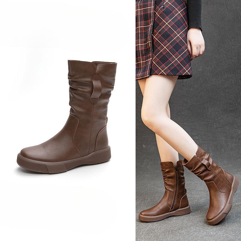 Simple Shoes Versatile Boots Women's Mid-calf Boots Breathable Chunk-heeled Thick-soled Boots
