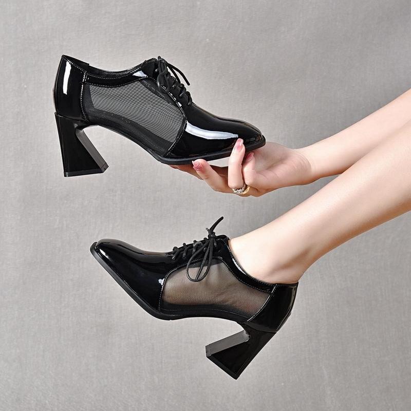 Fashion FHC Patent Leather Women Mesh Pumps.Fashion Office Lady Mid Heel Work Shoes,Square Toe,Front Laces,Black,Apricot,Red,Dropship