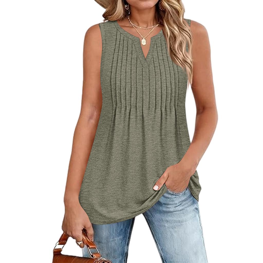 Women's Fashionable  V-neck Loose Casual Pleated Sleeveless Vest Top