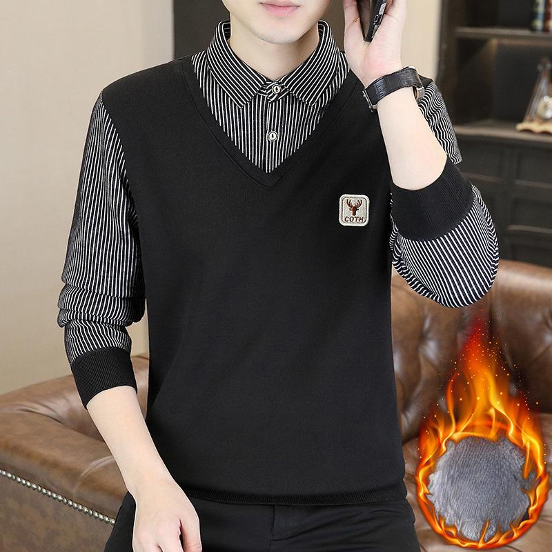 Cămașă groasă călduroasă pentru bărbați, căptușită, imitație două piese, țesături de înaltă calitate, pulover la modă și versatil