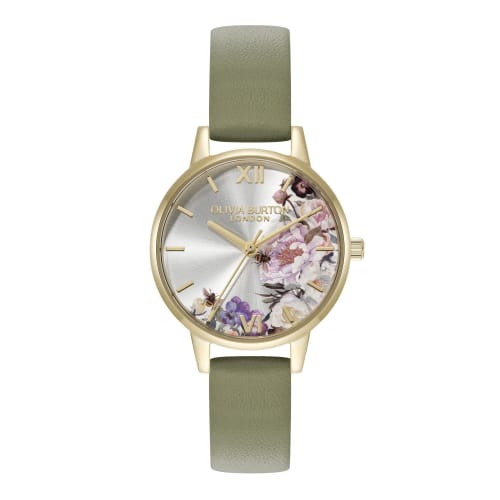 Authorized Retailer OLIVIA BURTON Women's Watch 24000228 Illustrated Floral Midi Ivory Gold Sage Green Leather