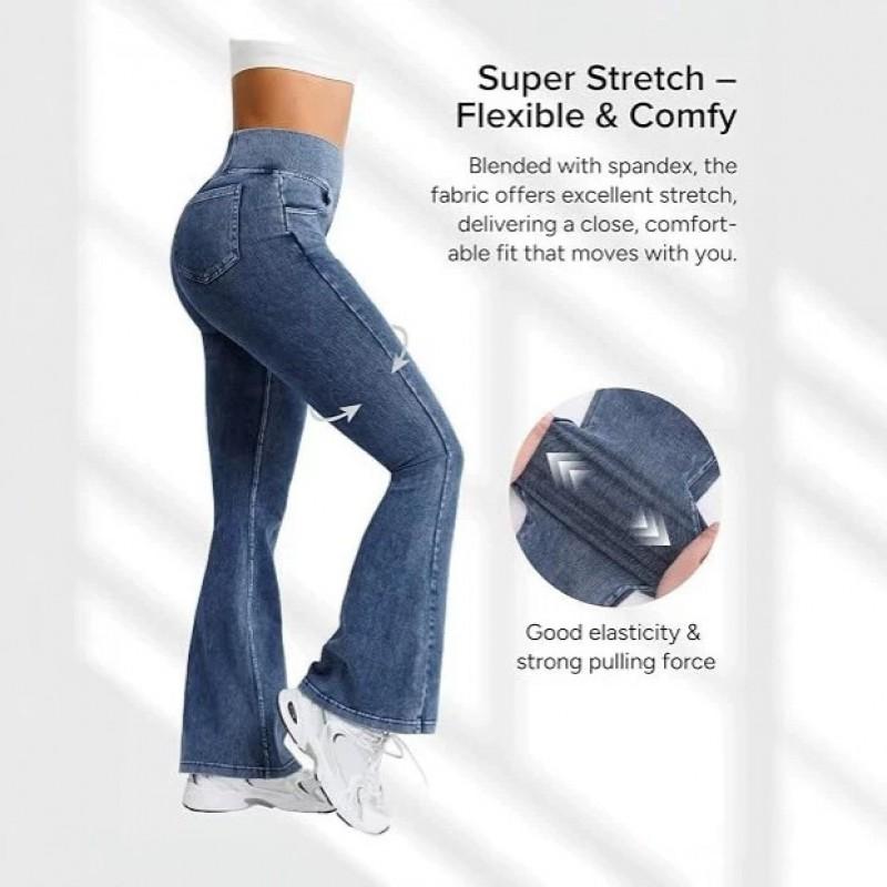 Womens High-Waisted Flared Jeans Vintage Pocket Design Stretch Slim Bootcut Denim Pants