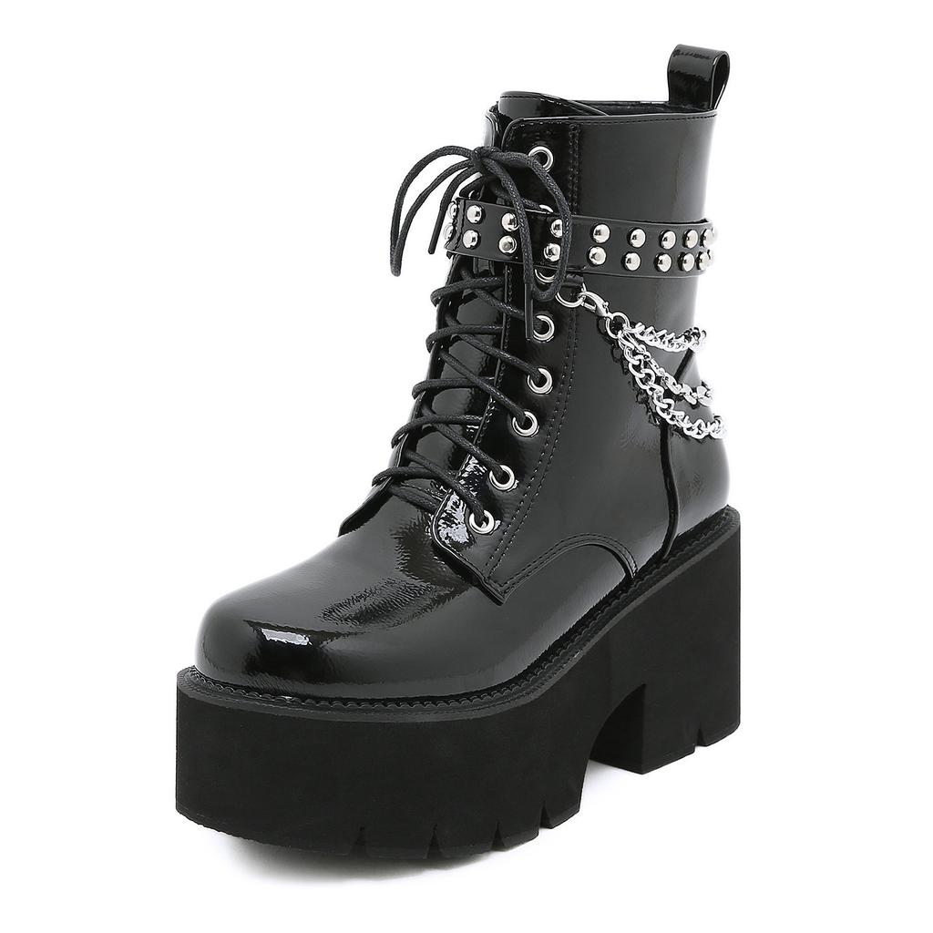 Fashion Women Boots Punk Style Platform Boots High Quality Leather Gothic Women Ankle Booties Chain Chunky Thick Sole Boots Botas Mujer