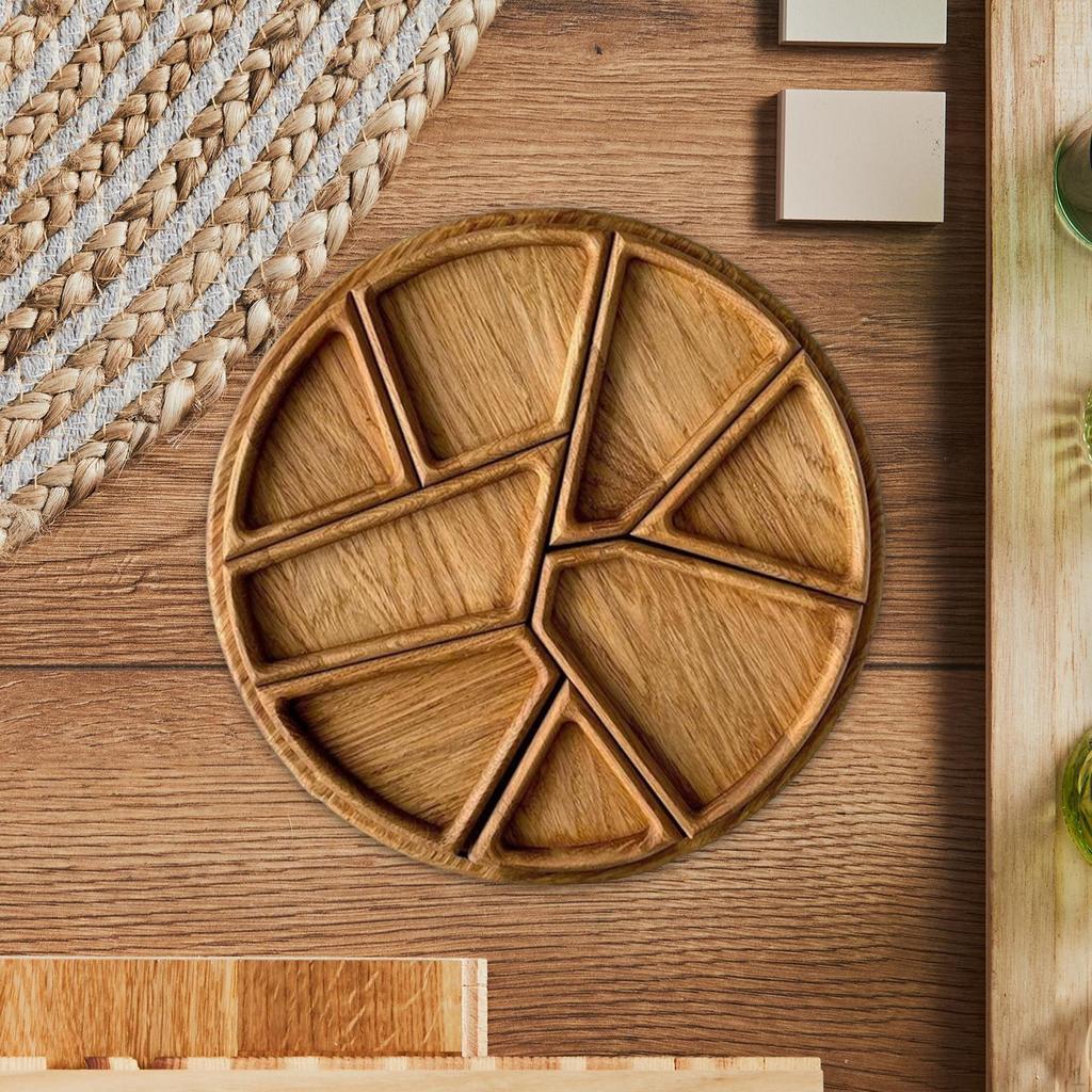 Divided Wood Serving Tray,Round Candy Board Appetizers Nuts Dish Food Platter for Kitchen