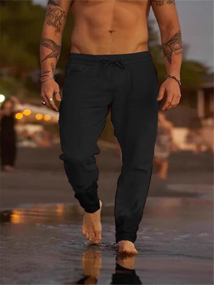 Men's Solid Color Drawstring Cotton Linen Casual Beach Pants - 2025 European Style