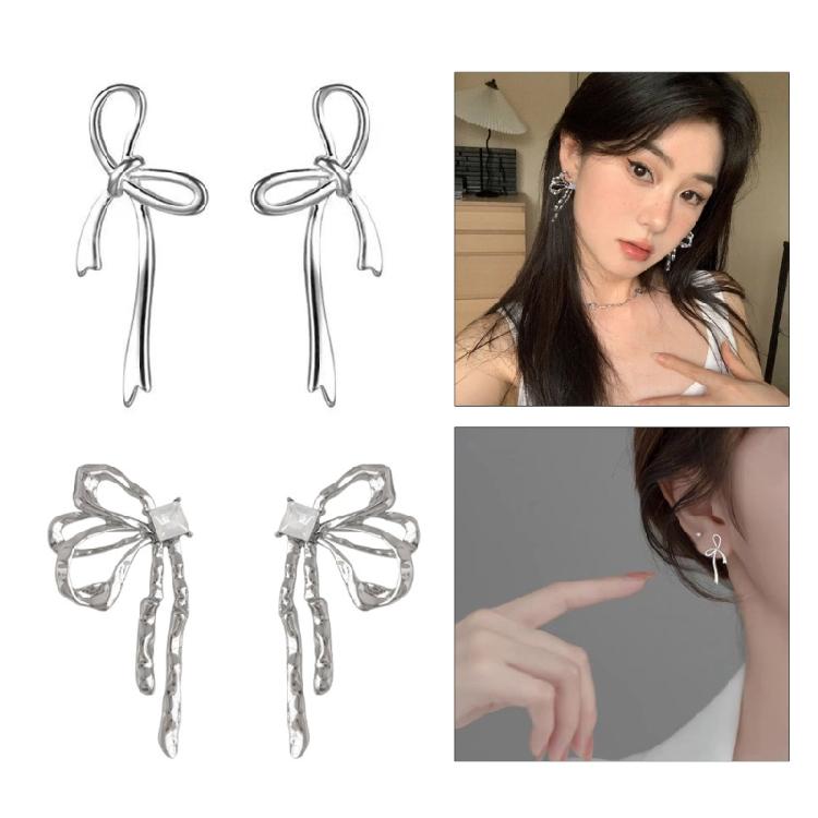 Silver Color Bowknot Drop Earrings for Women Girls Korean Hollow Bow Ear Studs