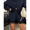 Women Lace Splicing Striped Long Sleeve Shirt And Drawstring Shorts Two Piece Set