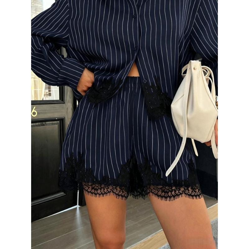 Women Lace Splicing Striped Long Sleeve Shirt And Drawstring Shorts Two Piece Set