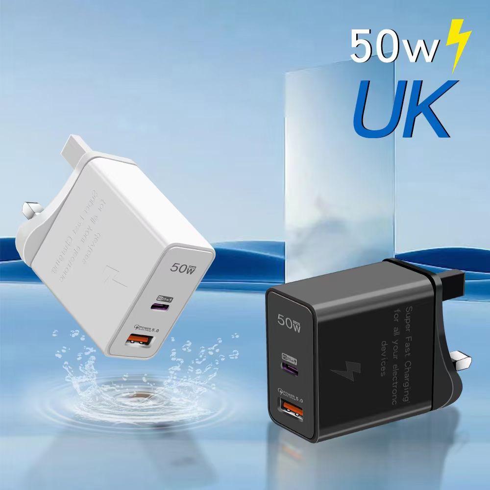 50W Dual-Port Charger, Compatible with Samsung, Huawei, and Apple Phones, PD Fast Charging Adapter for EU/US/UK Standards.