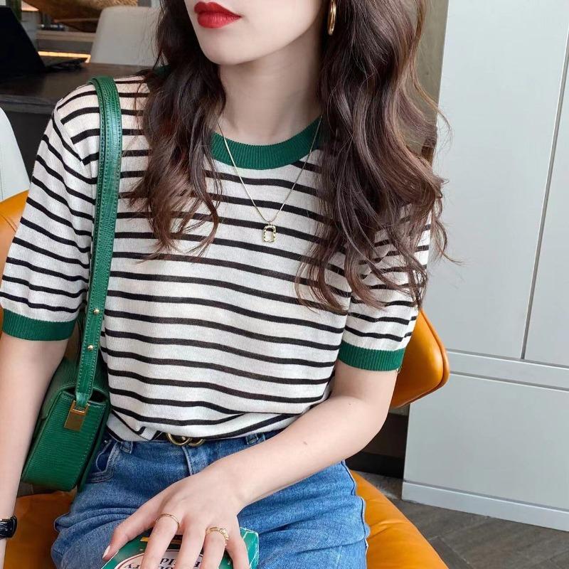 Stripe Tops Women Knitted Round Collar Summer Print Short Sleeve Casual Simple Wild T-Shirt