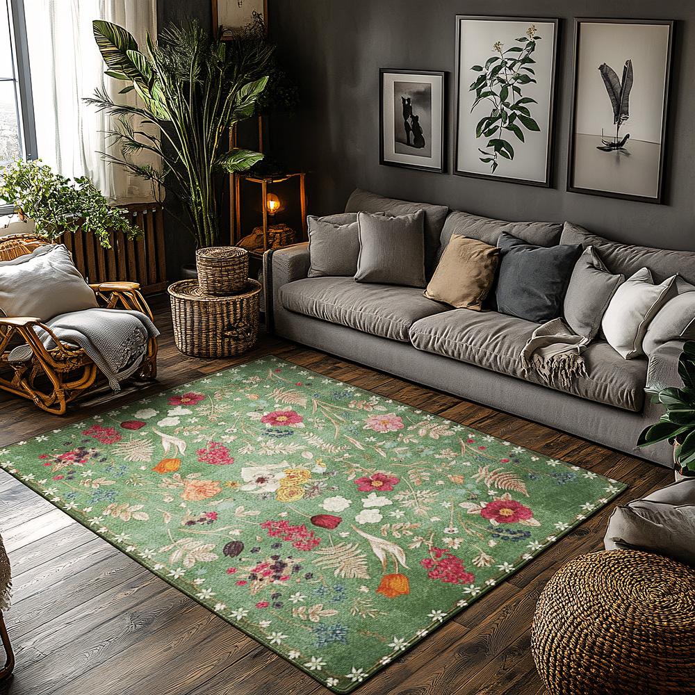

Green Floral Bohemian Area Rug, Multicolor Pattern Non-Slip Carpet, Cozy Living Room Mat for Natural Home Decor 50x80cm20x31in