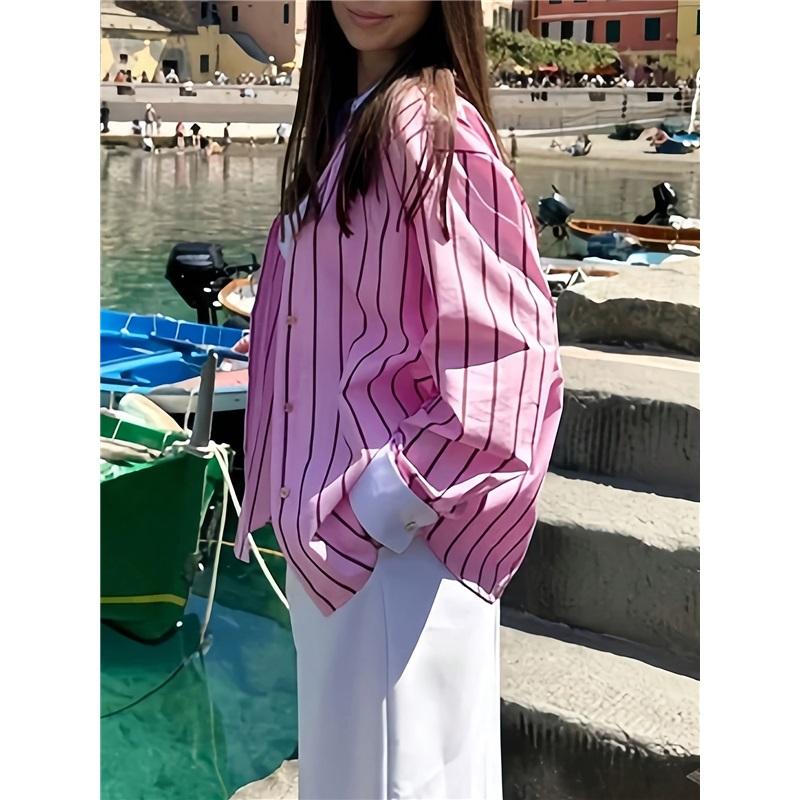 Women Vintage Striped Shirt Turn Down Collar Contrast Cuff Long Sleeve Loose V Neck Blouse Top