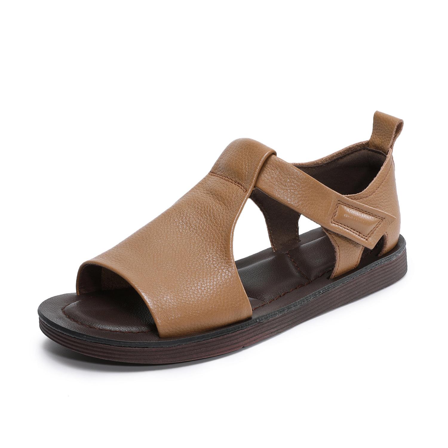 

Johnature Retro Genuine Leather Peep Toe Flat Sandals Versatile Casual Soft Soled Beach Shoes 35 хаки