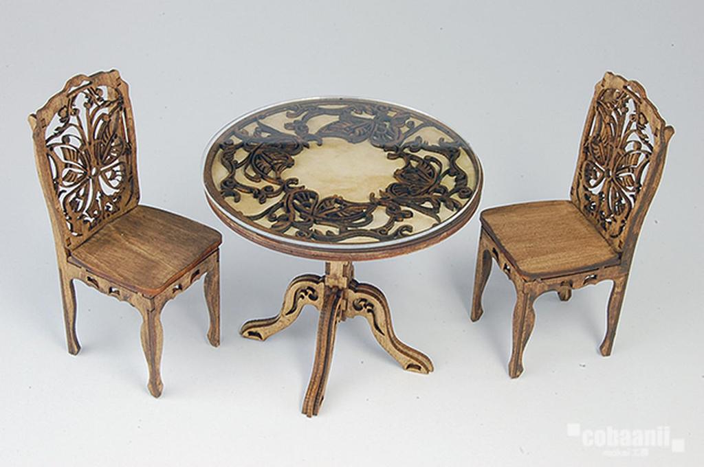 Kobaani Model Studio European Antique Table Chair Wooden Assembly Kit 1/12 & WF-018