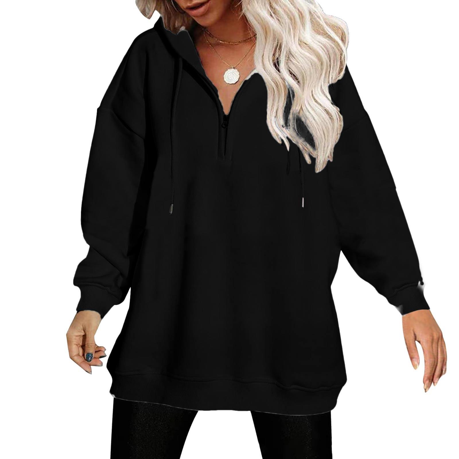 Женская модная повседневная однотонная толстовка с капюшоном и застежкой-молнией с длинным рукавом L чёрный 1449₽