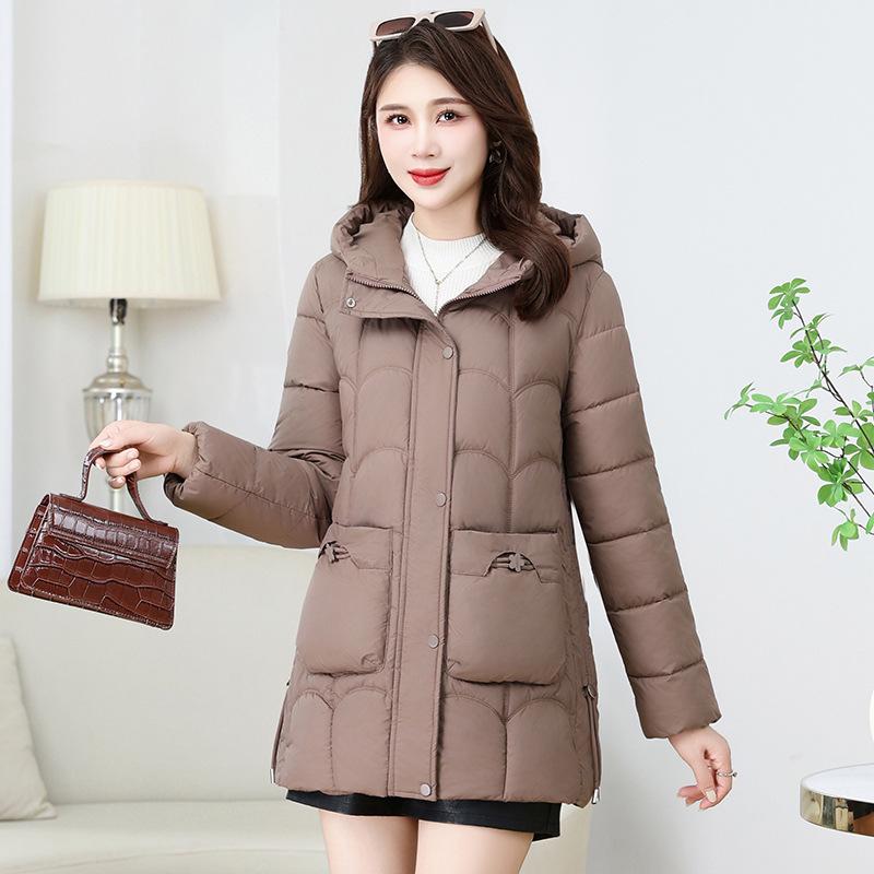 Fashion down cotton jacket women's mid-length winter 2025 hooded plus size slim padded jacket warm jacket