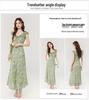 Damen Floral V-Ausschnitt Grünes Kleid - Frühling/Sommer 2026, Urlaubsstil, Fledermausärmel, Tailliert.