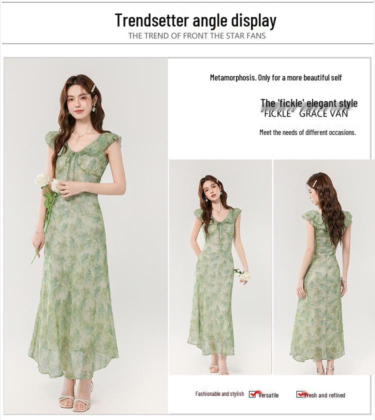 Damen Floral V-Ausschnitt Grünes Kleid - Frühling/Sommer 2026, Urlaubsstil, Fledermausärmel, Tailliert.