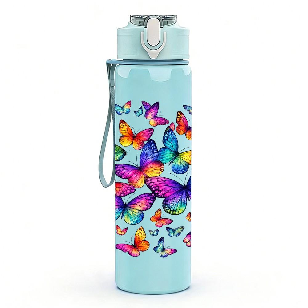 1PC Rainbow Butterfly Splash Abstract Print 750ml Color Plastic Sports Water Bottle Leakproof Flip Straw Lid Suitable for Sports Office Home Use