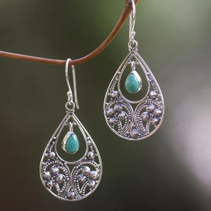 Vintage Waterdrop Inlaid Green Stone Hollow Earrings Geometric Creativity Flower Silver Color Dangle Earrings for Women Jewelry