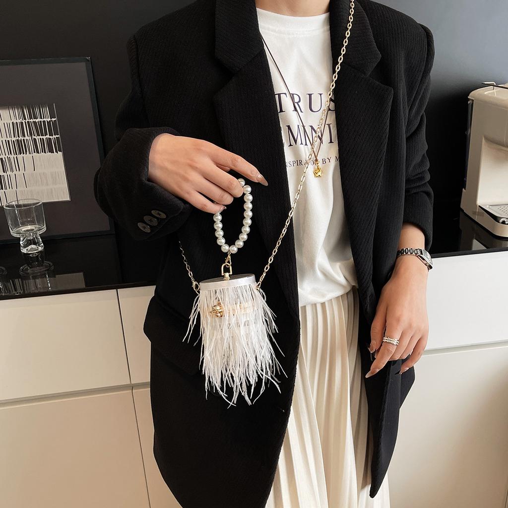 Sacs Sacs Boîtes en Acrylique Transparent pour Femmes Perles Plumes Sac Bandoulière Mini Chaînes Sac de Soirée Sacs à Main Forme Tonneau Fête Mariage Pochette